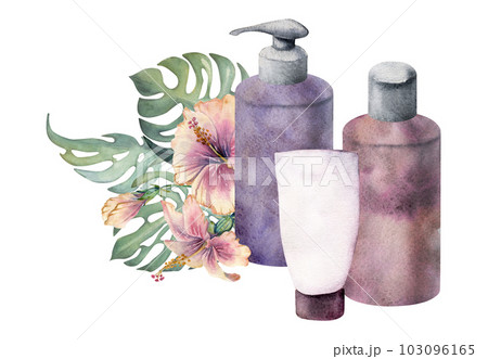 Hand drawn watercolor spa skincare bath beauty products package flowers. Horizontal composition Isolated on white background. Design for wall art, wellness resort, print, fabric, cover, card, booklet. 103096165