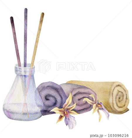 Hand drawn watercolor spa skincare towels bath beauty products package. Horizontal composition. Isolated on white background. Design for wall art, wellness resort, print, fabric, cover, card, booklet. 103096216