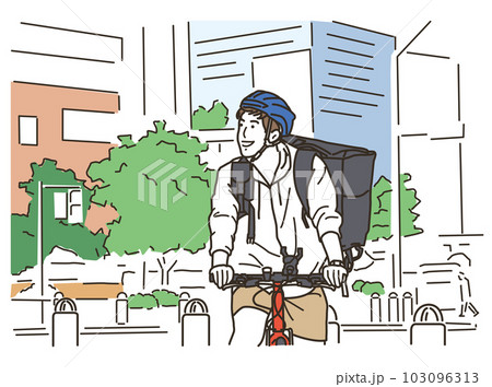 自転車でフードデリバリーをする男性配達員 自転車でフードデリバリーをする男性配達員 103096313