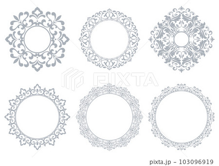 Set of decorative frames Elegant vector element for design in Eastern style, place for text. Floral gray and white borders. Lace illustration for invitations and greeting cards 103096919
