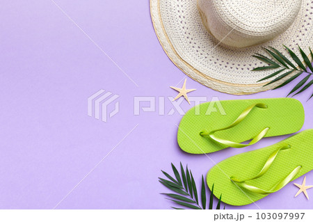 Summer vacation concept flat lay. straw hat beach accessories and towel top view. Space for text. travel concept 103097997
