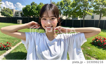 白シャツ 笑顔の女性 広場 AI生成 白シャツ 笑顔の女性 広場 AI生成 103098216