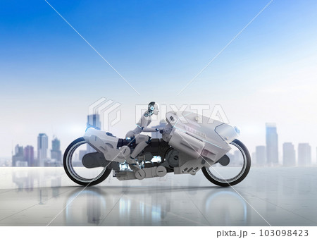 Racing technology with robot riding on motorbike with speed Racing technology with robot riding on motorbike with speed 103098423