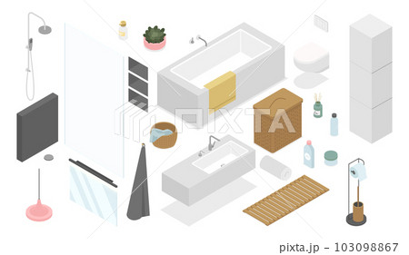 Bathroom furniture - modern vector colorful isometric illustrations set 103098867