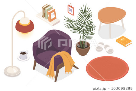 Living room furniture - modern vector colorful isometric illustrations set 103098899