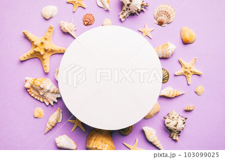 Summer time concept with blank greeting card and blank white paper on colored background. Seashells from ocean shore in the shape of frame separated with space for text top view Summer time concept with blank greeting card and blank white paper on colored background. Seashells from ocean shore in the shape of frame separated with space for text top view 103099025