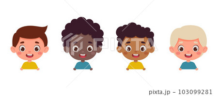 Set of multicultural kid boy heads. Children peeking out. Cartoon child characters. Vector illustration Set of multicultural kid boy heads. Children peeking out. Cartoon child characters. Vector illustration 103099281