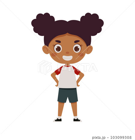 Cute little kid happy girl smile. Cartoon schoolgirl character show facial expression. Vector illustration 103099308