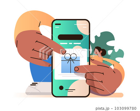 woman access customer loyalty marketing programs and rewards on smartphone screen in mobile app on smartphone screen 103099780