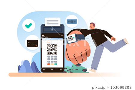 man customer or shopper using mobile app with qr code and pos-terminal to make a payment on wrist watch online shopping concept 103099808