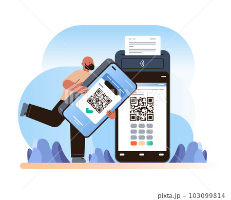 man customer or shopper using mobile app with qr code and pos-terminal to make a payment on smartphone online shopping concept horizontal vector illustration 103099814