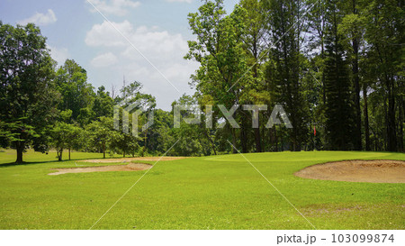 Beautiful golf course in a sunny day. Background evening golf course has sunlight shining down. Beautiful golf course in a sunny day. Background evening golf course has sunlight shining down. 103099874
