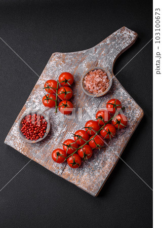 Knife, fork and cutting board, salt, pepper and other ingredients 103100673