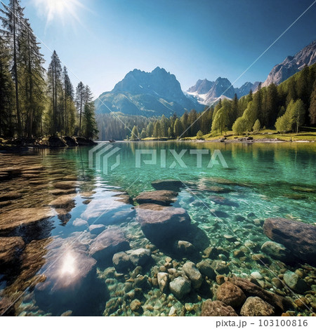 The lake reflects the sky , surrounded by trees and mountains . Generative AI 103100816