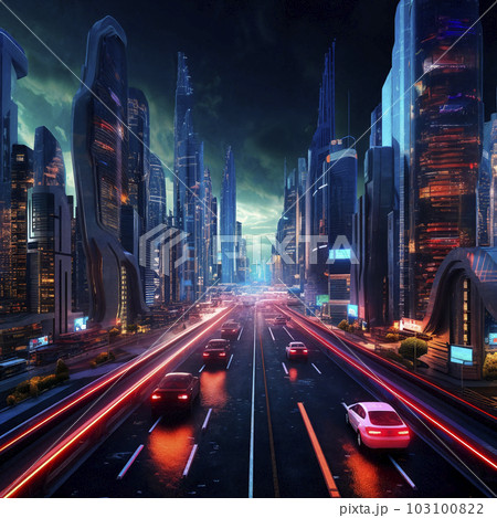 Futuristic cityscape with road and cars on foreground. AI Generative 103100822