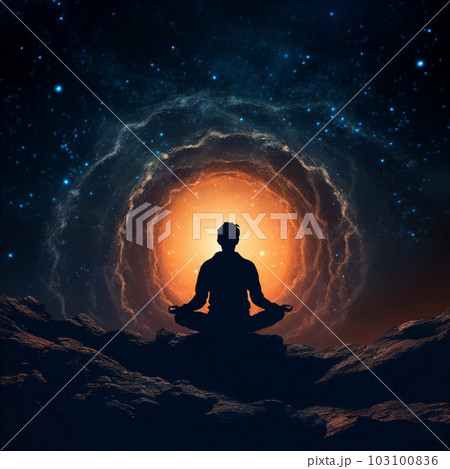 Meditating person silhouette, black hole on background. AI Generative 103100836