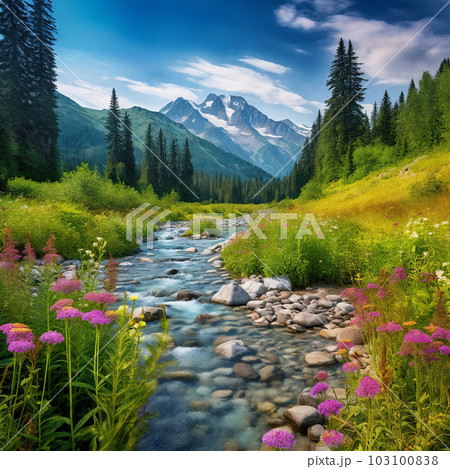 River, surrounded by flowers and mountains. Generative AI River, surrounded by flowers and mountains. Generative AI 103100838