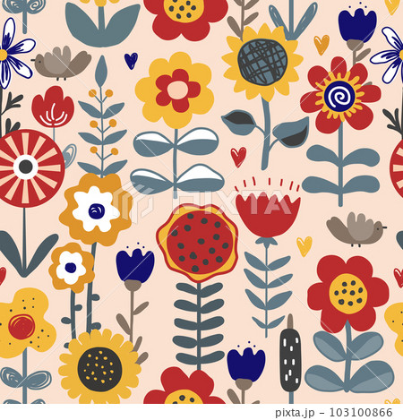 Cute hand drawn flowers seamless pattern. Meadow rustic background in Scandinavian style. Design for textile, greetings, wallpapers, wrapping paper, cards. Vector illustration 103100866