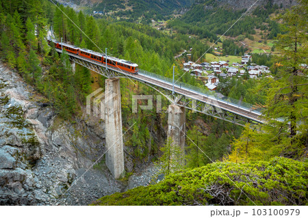 Zermatt, Switzerland. Gornergrat train on bridge Zermatt, Switzerland. Gornergrat train on bridge 103100979