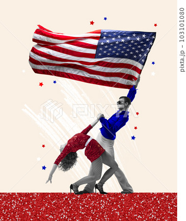 Contemporary art collage with couple, man and woman dancing over national USA flag, symbols background. Independence day Contemporary art collage with couple, man and woman dancing over national USA flag, symbols background. Independence day 103101080