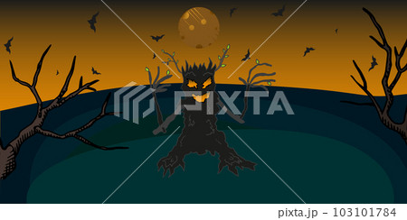 Scary orange Halloween background scene with vampire bat hanging from a spooky tree with a full moon in the background	 103101784