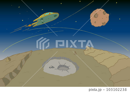 Alien planet landscape. Background with brown ground, mountains, stars, and moon	 103102238