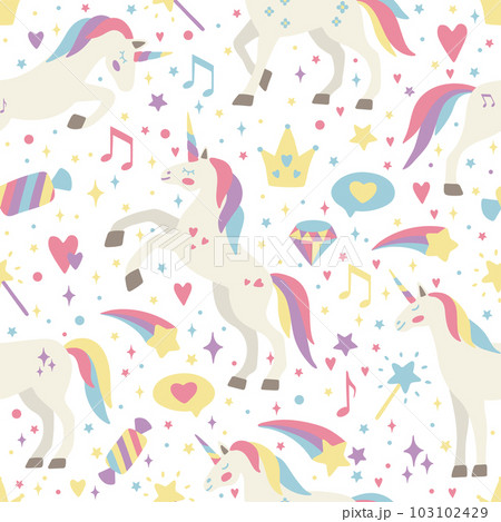 Seamless vector pattern with cute unicorns on a floral background. Ideal for textiles, wallpapers or prints. Seamless vector pattern with cute unicorns on a floral background. Ideal for textiles, wallpapers or prints. 103102429