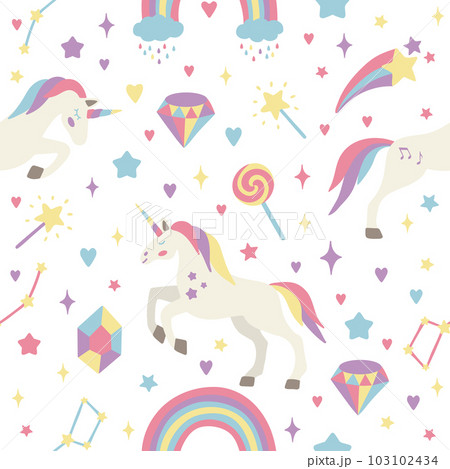 Seamless vector pattern with cute unicorns on a floral background. Ideal for textiles, wallpapers or prints. 103102434