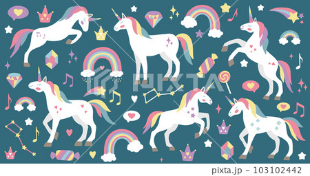 Cute unicorn set. Vector characters for birthday, invitation, baby shower card, kids t-shirts and stickers kit. Hand drawn nursery illustration. Cute unicorn set. Vector characters for birthday, invitation, baby shower card, kids t-shirts and stickers kit. Hand drawn nursery illustration. 103102442