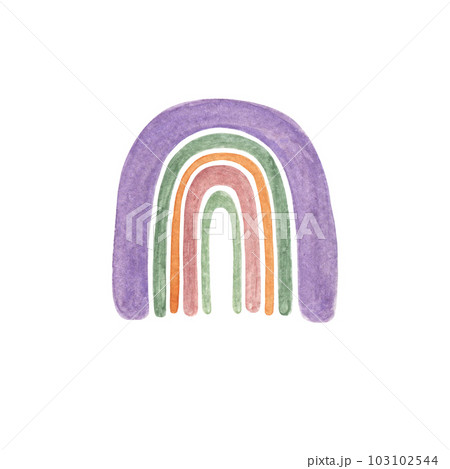 Rainbow cute nursery watercolor simple illustration in hand drawn style, trendy children ornament for baby shower, nursery decor, party, cards, invitations, papercraft, positive design Rainbow cute nursery watercolor simple illustration in hand drawn style, trendy children ornament for baby shower, nursery decor, party, cards, invitations, papercraft, positive design 103102544
