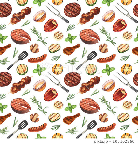 Watercolor seamless pattern barbecue. Elements for cooking bbq - grill, chicken and meat. Hand-drawn illustration isolated on white background. Perfect concept food menu, food drawing, design packing 103102560