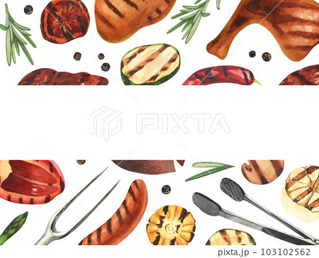 Watercolor frame barbecue. Elements for cooking bbq - grill, chicken and meat. Hand-drawn illustration isolated on white background. Perfect concept food menu, food drawing, design packing, barbecue 103102562