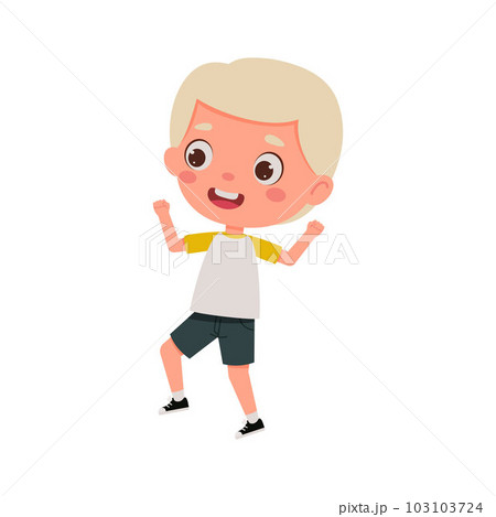 Cute little kid happy boy with blond hair jump. Cartoon schoolboy character show facial expression. Vector illustration 103103724