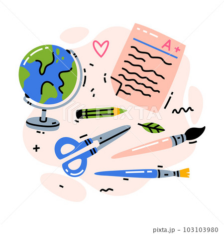 School Supply with Globe, Brush, Test Paper and Scissors Vector Composition School Supply with Globe, Brush, Test Paper and Scissors Vector Composition 103103980