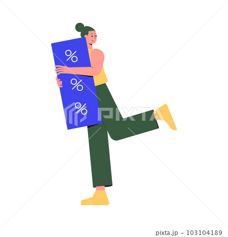 Sale with Woman Character Holding Blue Signboard Shopping and Making Purchase Vector Illustration 103104189