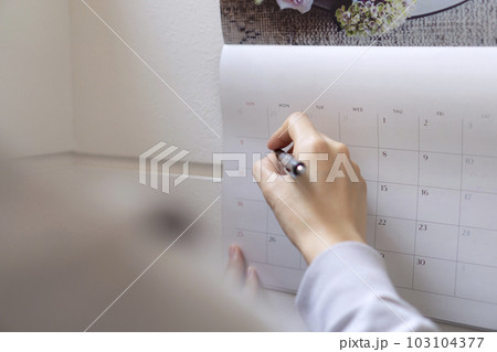 カレンダーに予定を書く女性 103104377