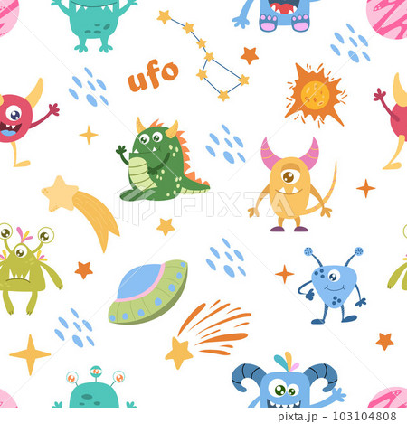 Seamless Space Monsters pattern. Elements of children's space, cute planets and aliens. Seamless Space Monsters pattern. Elements of children's space, cute planets and aliens. 103104808
