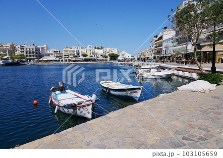 Motorboats at Lake Voulismeni in Agios Nikolaos, Crete island, Greece 103105659