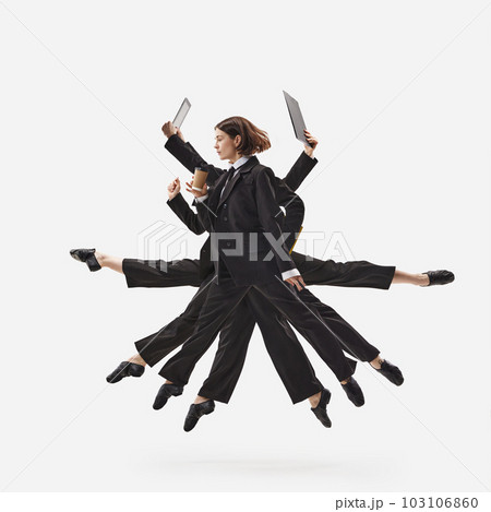 Portrait with busy woman, ballet dancer in costume levitating and working with documents isolated over white background. Concept of business, career Portrait with busy woman, ballet dancer in costume levitating and working with documents isolated over white background. Concept of business, career 103106860