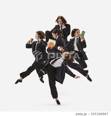 Portrait with busy woman, ballet dancer in costume working with gadgets isolated over white background. Multitasking business woman 103106867