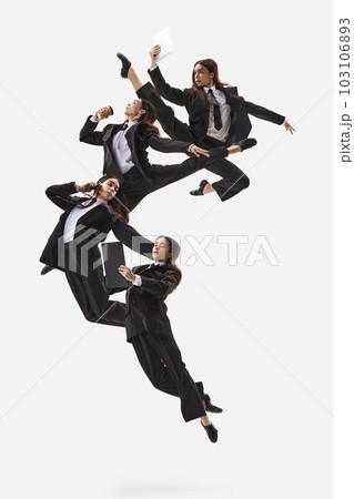 Happy office worker doing office work and dancing in classic clothes isolated on white. Ballet dancers. Business, office routine, career, startup, motion and action 103106893