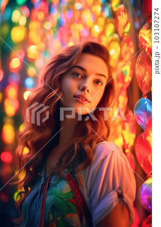 Woman portrait with magical colored lights, generative AI, AI generated Woman portrait with magical colored lights, generative AI, AI generated 103107274