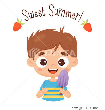 Happy boy with popsicles on stick. Cute male baby character and ice cream. Vector illustration in cartoon style. Postcard sweet summer . 103108452