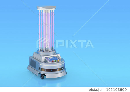 UV-Disinfection Robot on blue background, 3D rendering UV-Disinfection Robot on blue background, 3D rendering 103108600