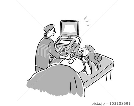 腹部の超音波検査（エコー検査）を受ける女性（モノクロ） 103108691