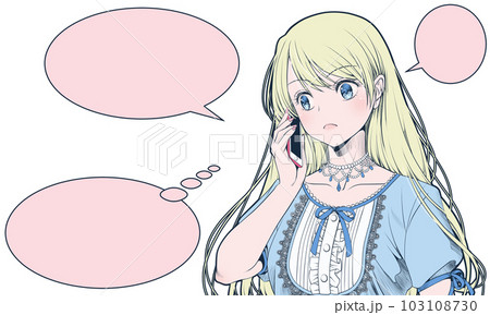 スマホで話す、電話をかける、電話する若い女性と漫画風のフキダシ・意外、心外 スマホで話す、電話をかける、電話する若い女性と漫画風のフキダシ・意外、心外 103108730