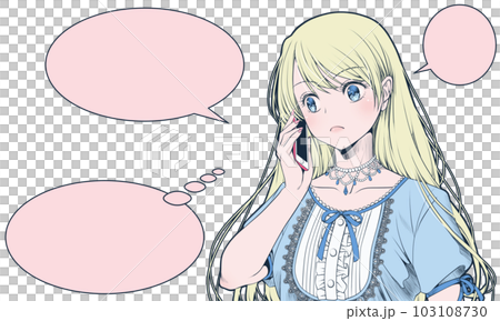 スマホで話す、電話をかける、電話する若い女性と漫画風のフキダシ・意外、心外 スマホで話す、電話をかける、電話する若い女性と漫画風のフキダシ・意外、心外 103108730