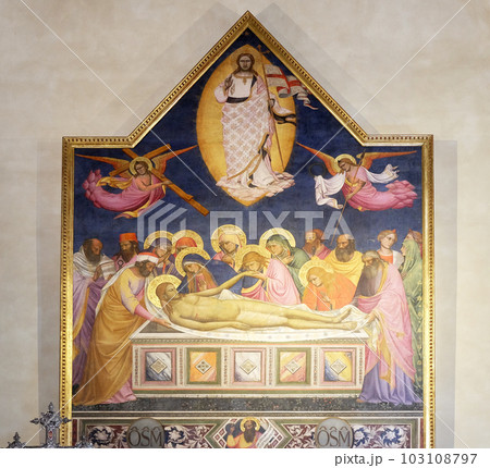 Deposition and Resurrection of Jesus by Niccolo di Pietro Gerini, Altar Painting in Saint Charles (San Carlo dei Lombardi) Church Florence Italy 103108797