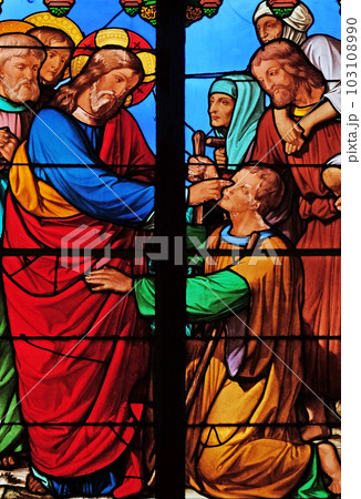 Jesus heals a blind man, stained glass windows in the Saint Eugene - Saint Cecilia Church, Paris, France 103108990
