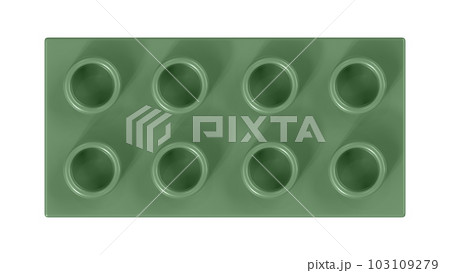 Turf Green Lego Block Isolated on a White Background. Close Up View of a Plastic Children Game Brick for Constructors, Top View. High Quality 3D Rendering with a Work Path. 8K Ultra HD, 7680x4320 103109279